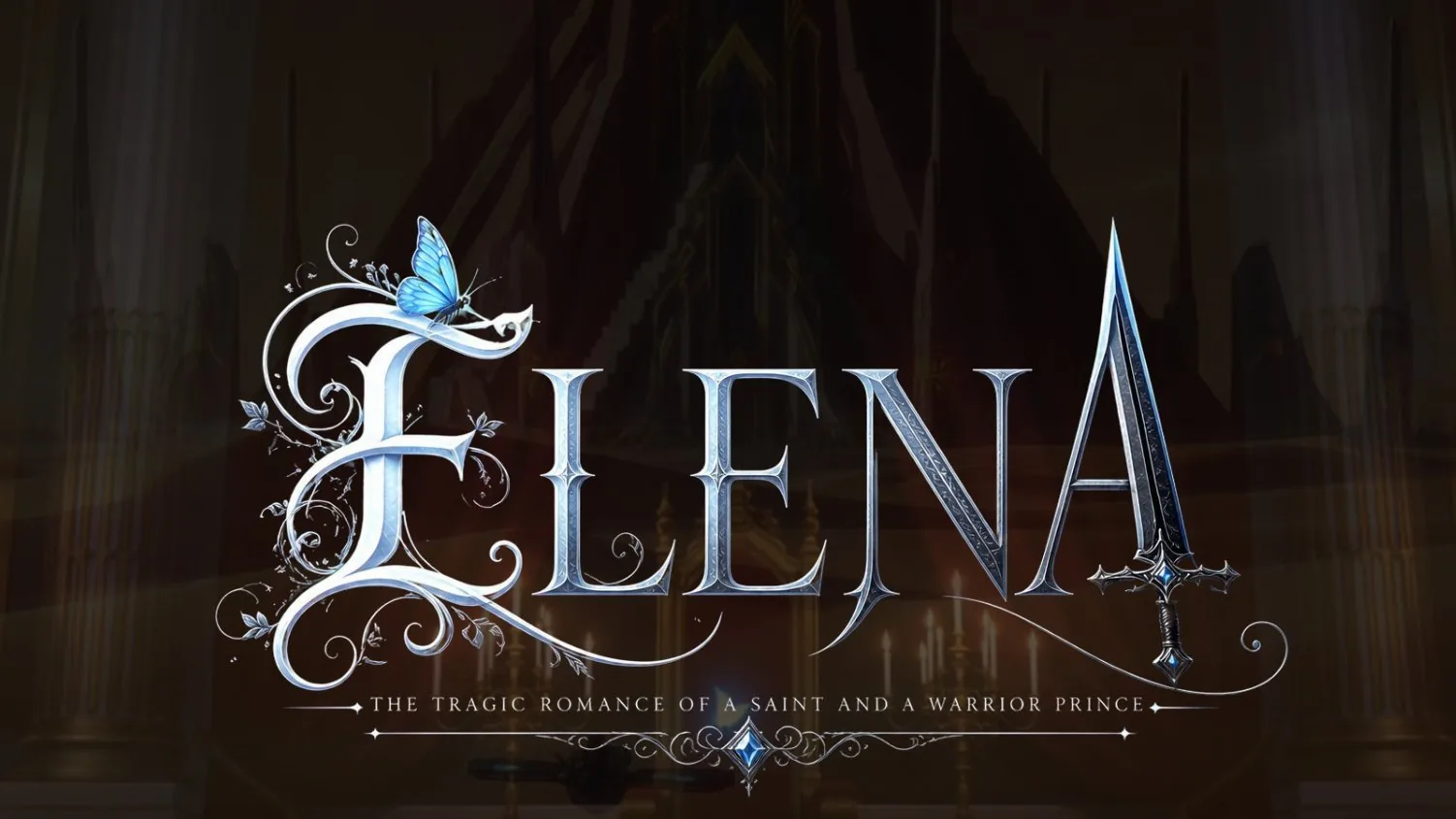 Portada de Elena: el título en letras de plata sobre la nave de una catedral en penumbra.