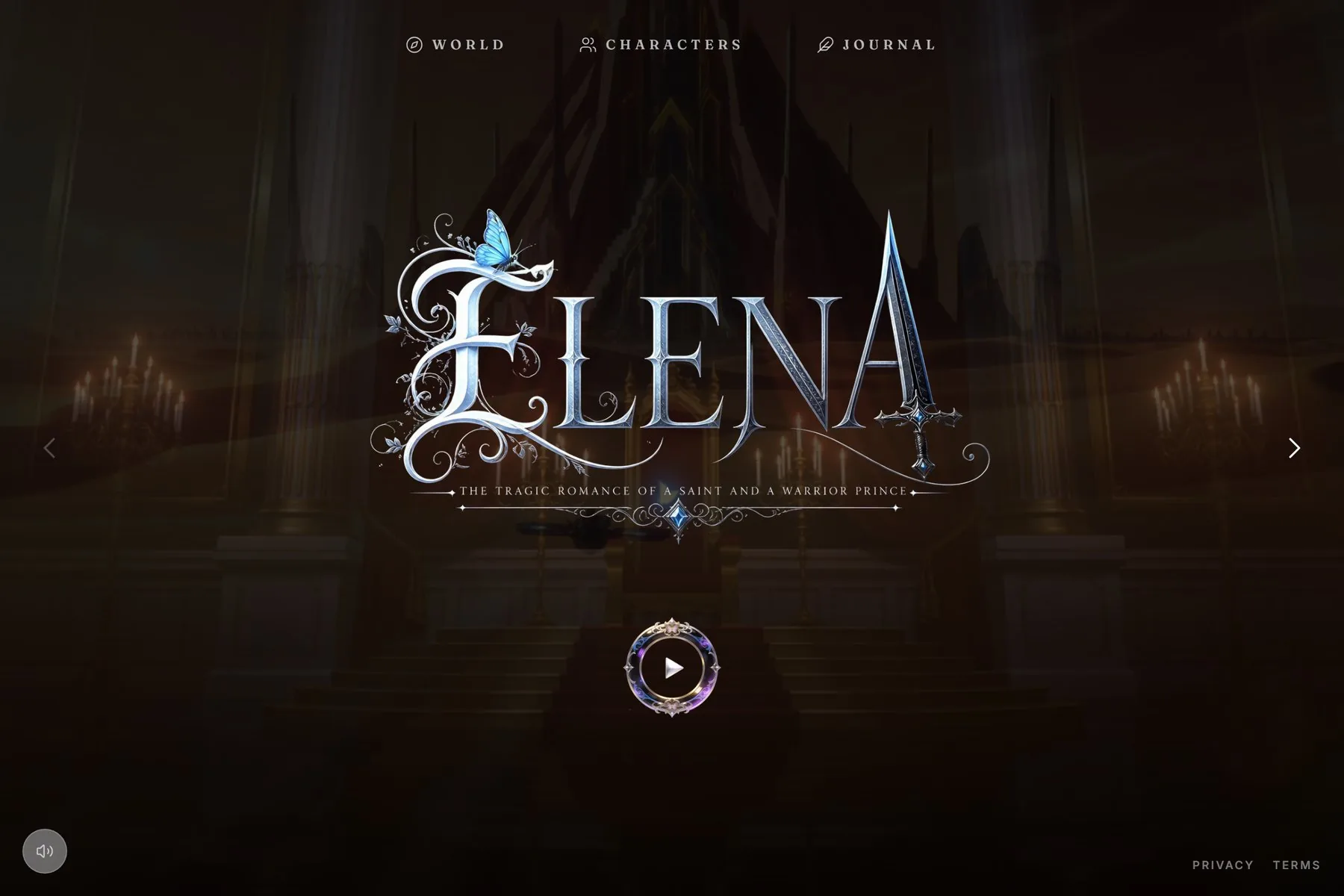 Inicio del sitio de Elena: el título sobre la catedral, el menú y el botón para reproducir.